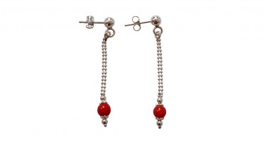 Dangling silver earrings with a red Coral pearl