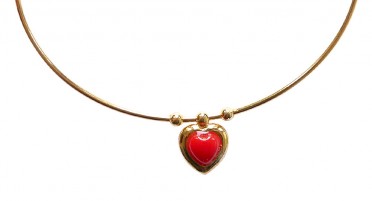 Bracelet jonc en Plaqué Or avec chaînette et Cœur en Corail rouge