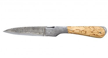 Le Sperone folding knife, curly birch handle - Damascus blade and bolster
