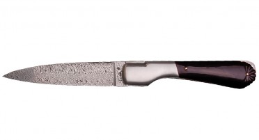 Le Sperone folding knife, Chiselled Flower Horn Tip Handle - Damascus Blade