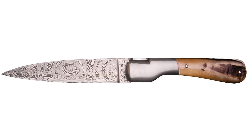 Le Sperone folding knife in Aries Horn - Damascus blade