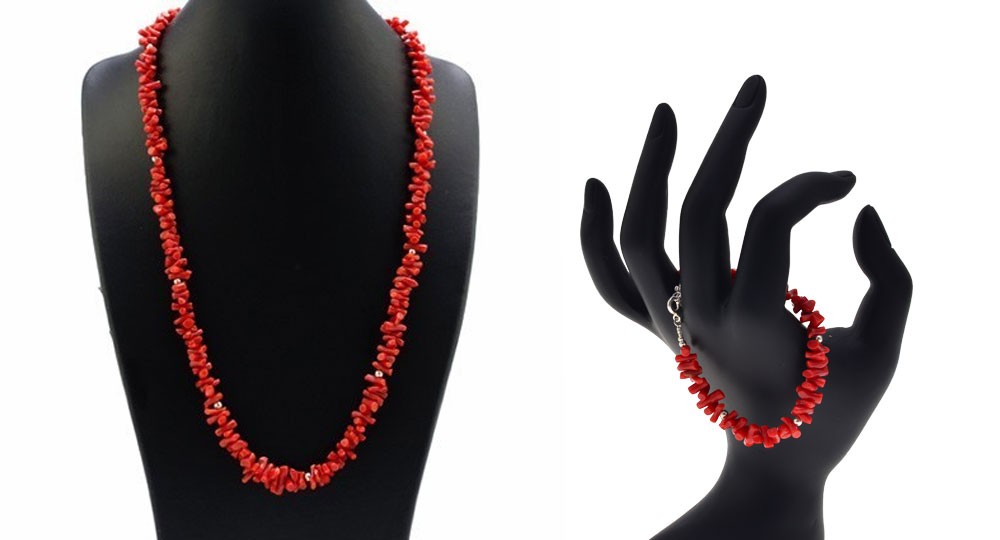 Adornment 2 jewels in Bonifacio Coral and Silver beads - Necklace and bracelet