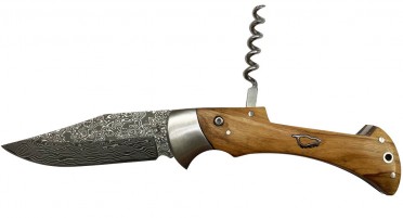 Couteau pliant avec tire-bouchon dans le manche en bois d'Olivier et lame Damas