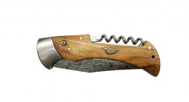 Folding knife with corkscrew in olive wood handle and Damascus blade