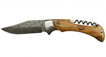 Couteau pliant avec tire-bouchon dans le manche en bois d'Olivier et lame Damas