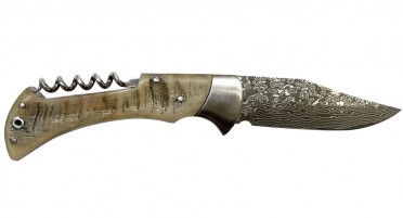 Folding knife with corkscrew in the ram horn handle and Damascus blade