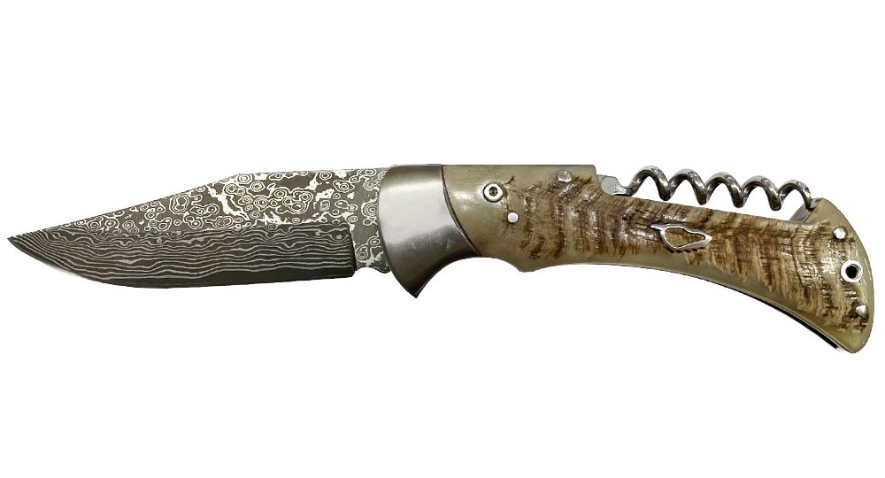 Folding knife with corkscrew in the ram horn handle and Damascus blade