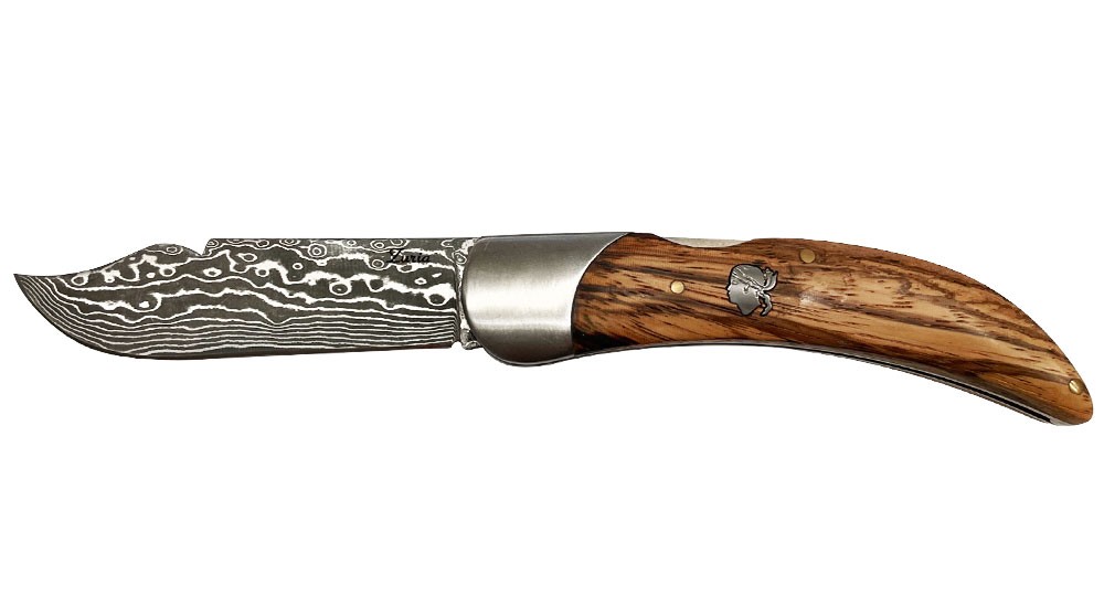 Corsica knife with oak handle, Damascus blade and lockback