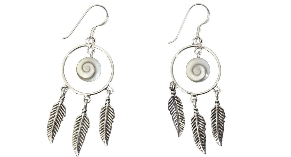 Silver dangling earrings - dream catcher shape with Shiva's eye and feathers