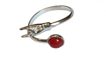 Silver adjustable ring with red coral and hand that makes the horns
