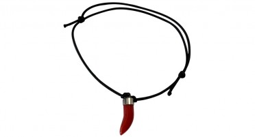 Bracelet with Horn in Red Coral and Silver on adjustable black cord