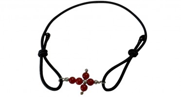Black elastic bracelet with Cross in red Coral beads and Silver