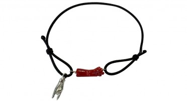 Bracelet élastique réglable avec main en Corail rouge et main qui fait les cornes en Argent