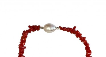 Bracelet en Argent avec éclats de Corail rouge et perle de nacre