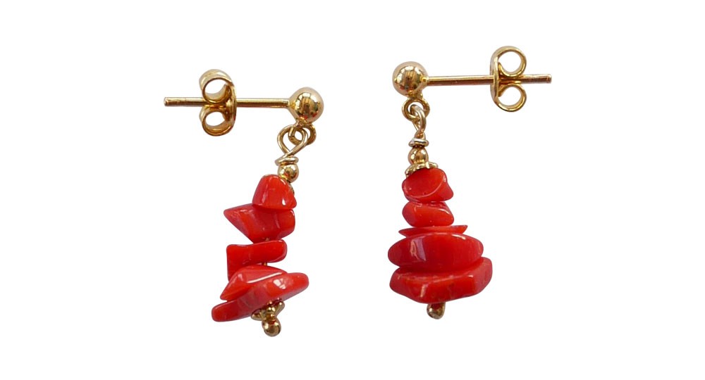Red coral and gold plated dangling earrings