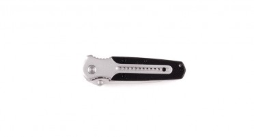 Small folding knife with thumb button and lock-liner system