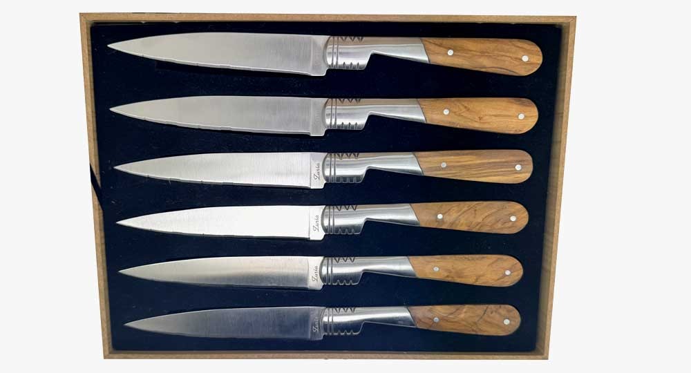 Set of 6 Vendetta table knives, olive handle and serrated blade
