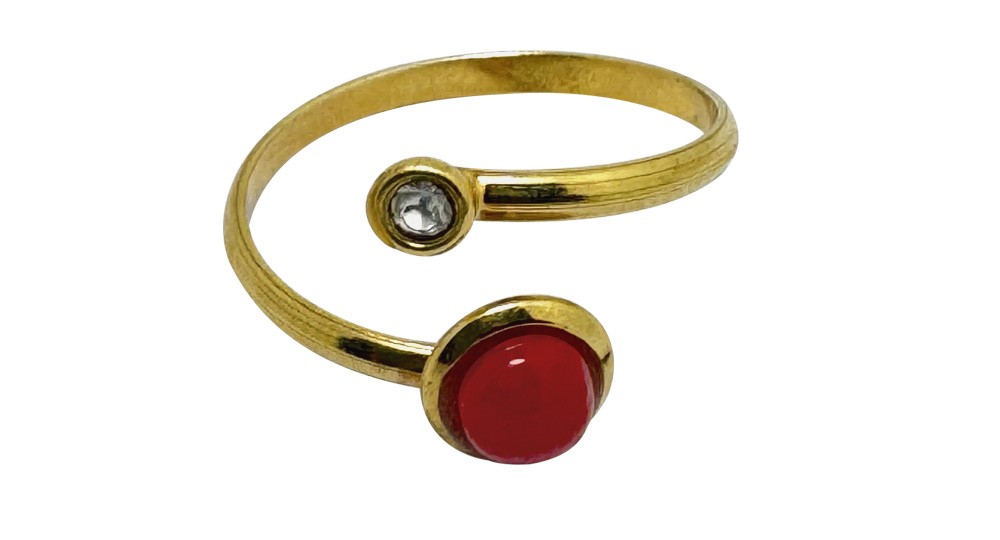 Bague réglable en Plaqué Or avec Corail rouge et Zirconium