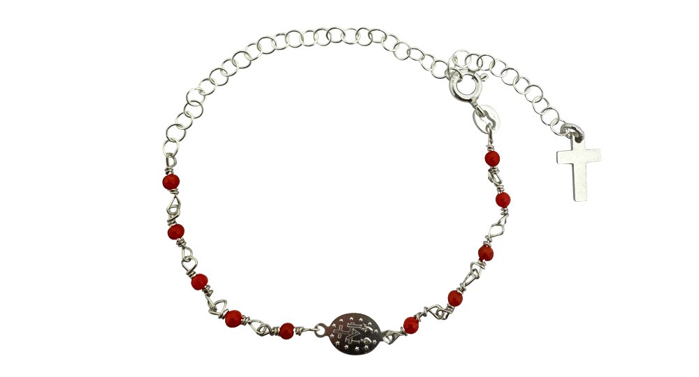 Bracelet pour enfant avec chainette en Argent, perles de Corail et médaillon