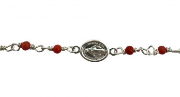 Bracelet pour enfant avec chainette en Argent, perles de Corail et médaillon